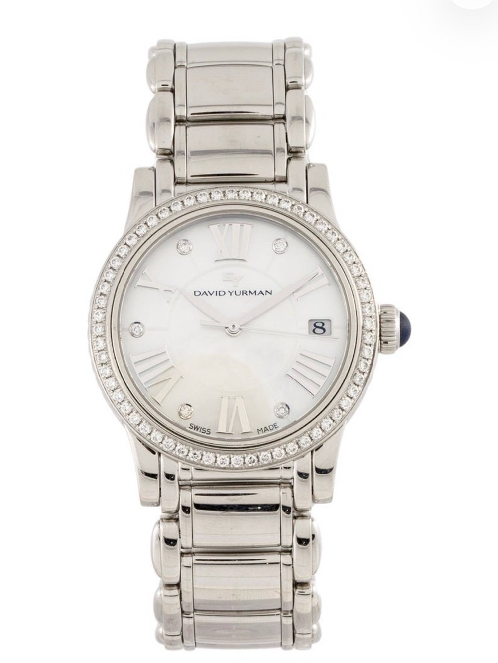 David Yurman Silver Stainless Steel Watch with White Dial and Diamond Bezel
